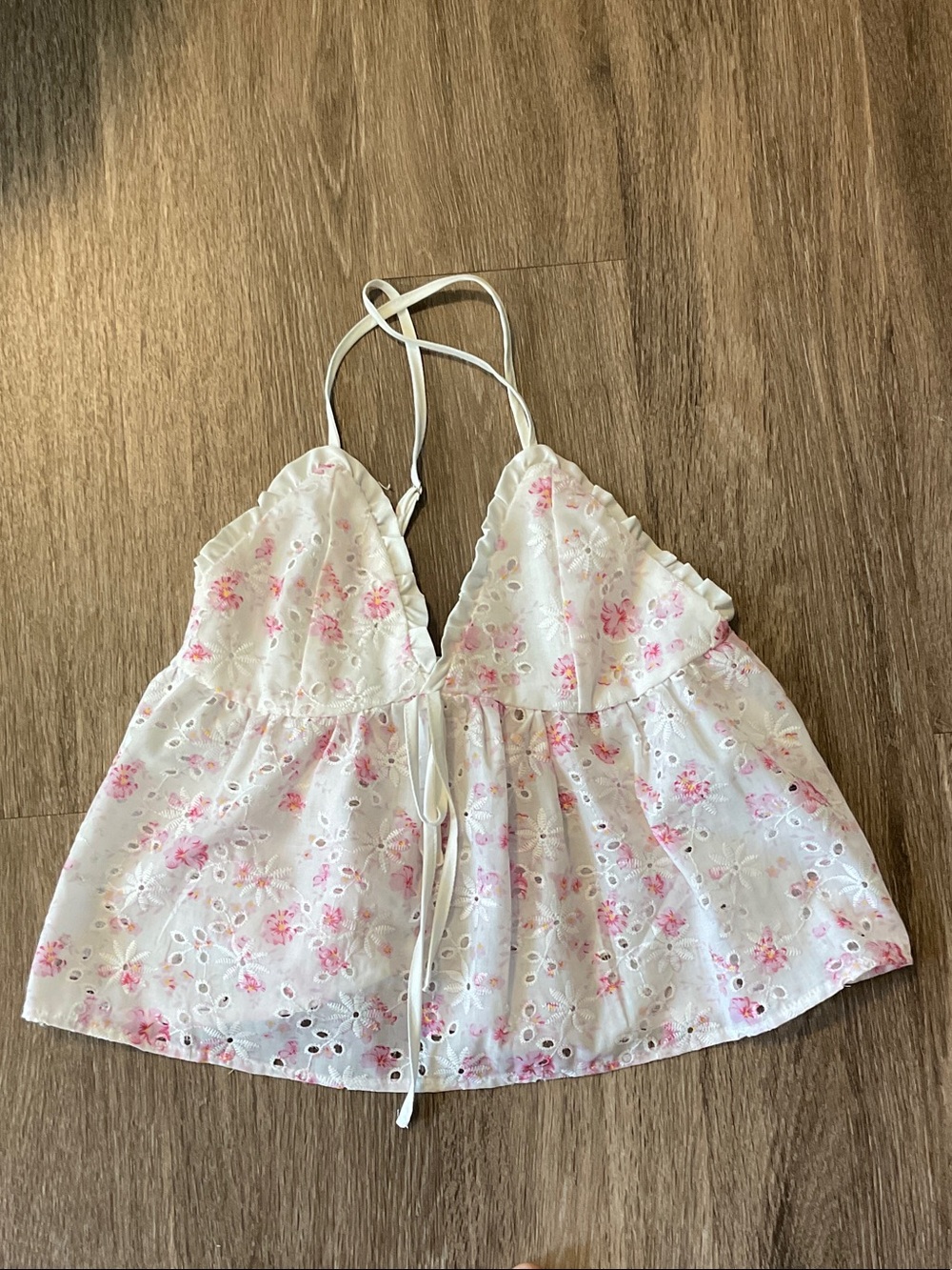 SHEIN White Floral Eyelet Halter Crop Top with Pink Flowers